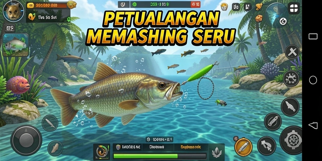 Screenshot gameplay DS99 menampilkan momen seru memancing di laut.