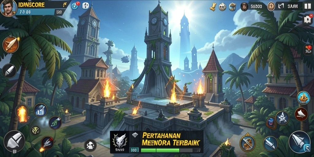 Screenshot gameplay menunjukkan aksi menara pertahanan yang strategis.